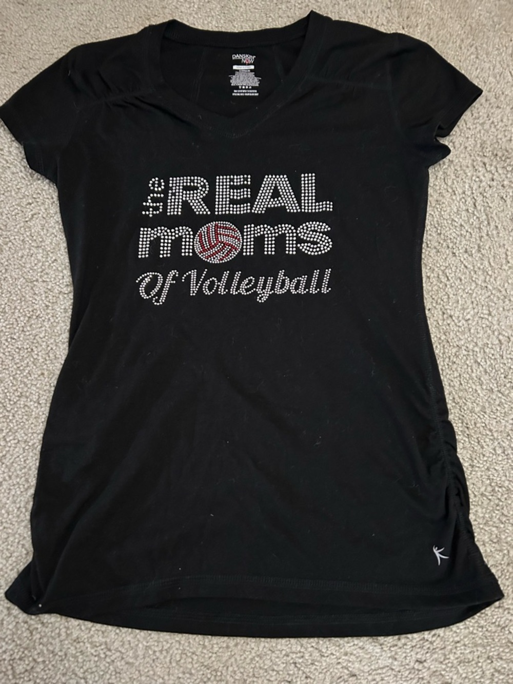 Black Rhinestone "Real Moms of Volleyball" V-Neck Tee size xs
